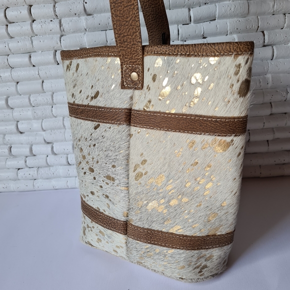 Myra Bag Leather Cotton Carve Gold Tan Cream Unique Medium Tote Bag Handbag - Picture 3 of 16